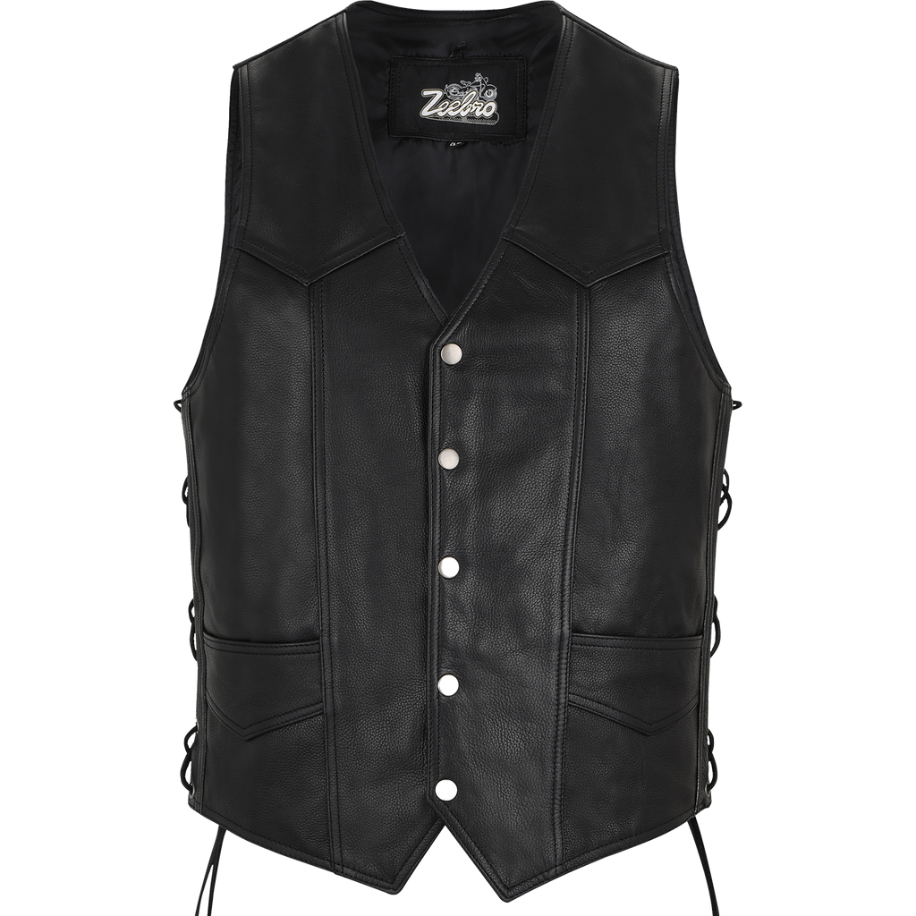 MC-03 Classic Black Leather Vest with Adjustable Lacing — Zeebro