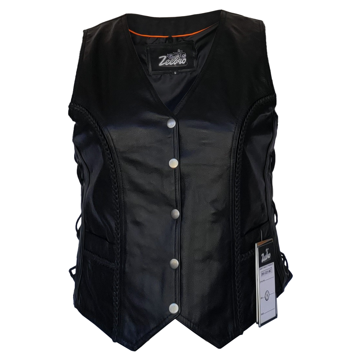 ZeeWomen's MC–321 Black Leather Braided Vest with Adjustable 